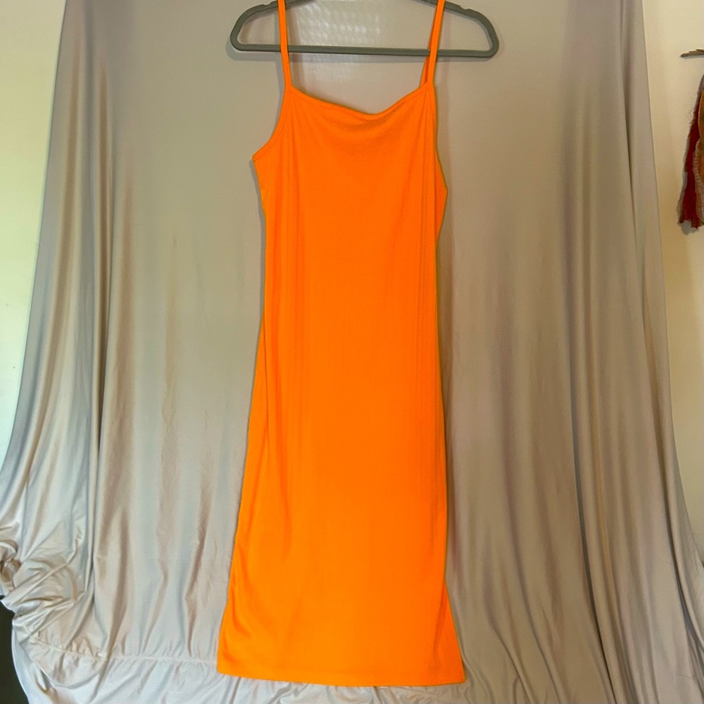 Wild Fable NWT Neon Orange Dress Spaghetti Straps 90s Small Side Slit Size Lg